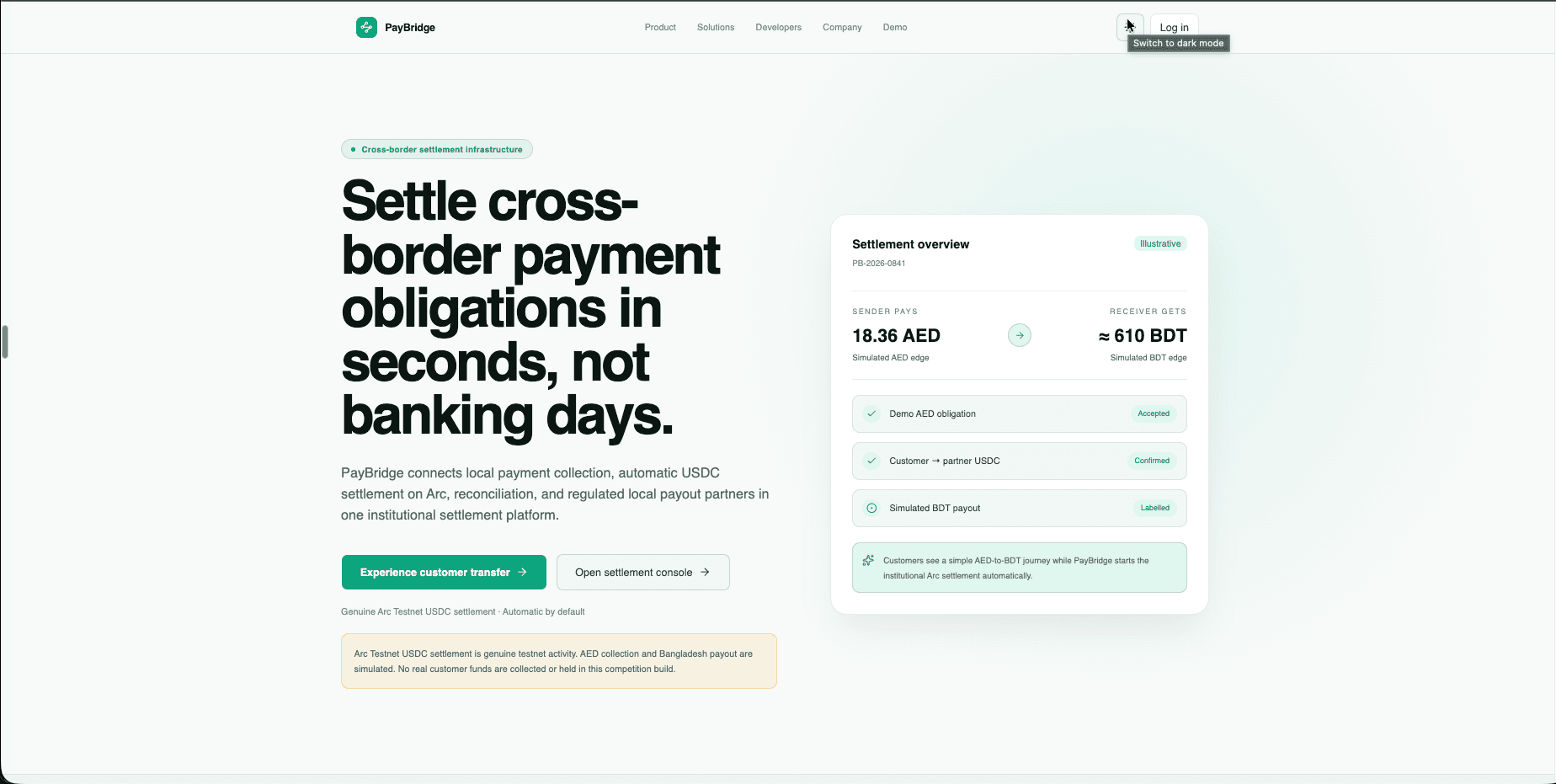 PayBridge product landing page explaining cross-border settlement