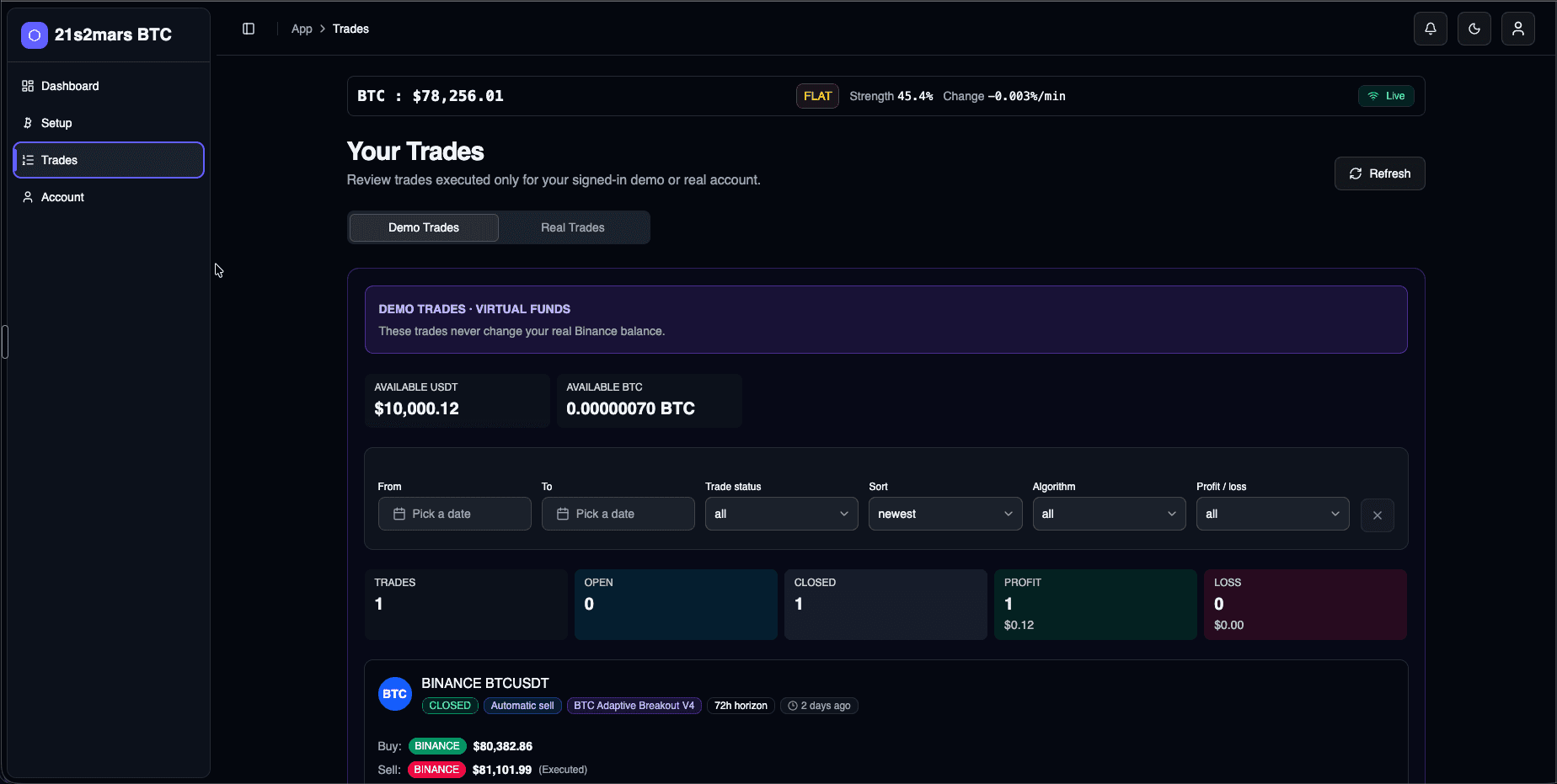 21s2mars BTC user workspace showing demo trades with virtual funds