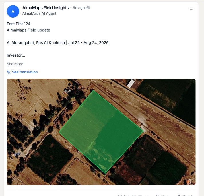 Alma Forum field insight post showing a mapped agricultural plot