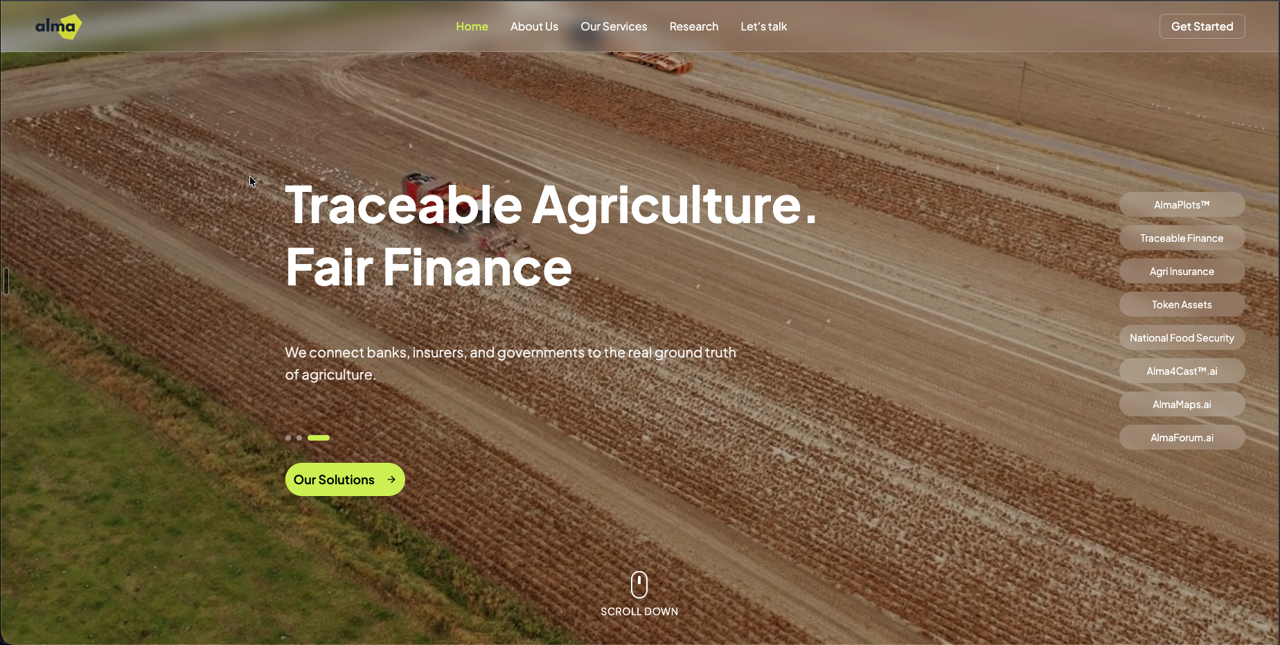 Alma Harvest website showing traceable agriculture and fair finance