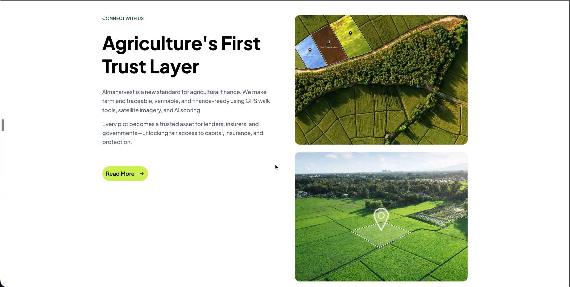 Alma Harvest trust layer interface for agricultural finance