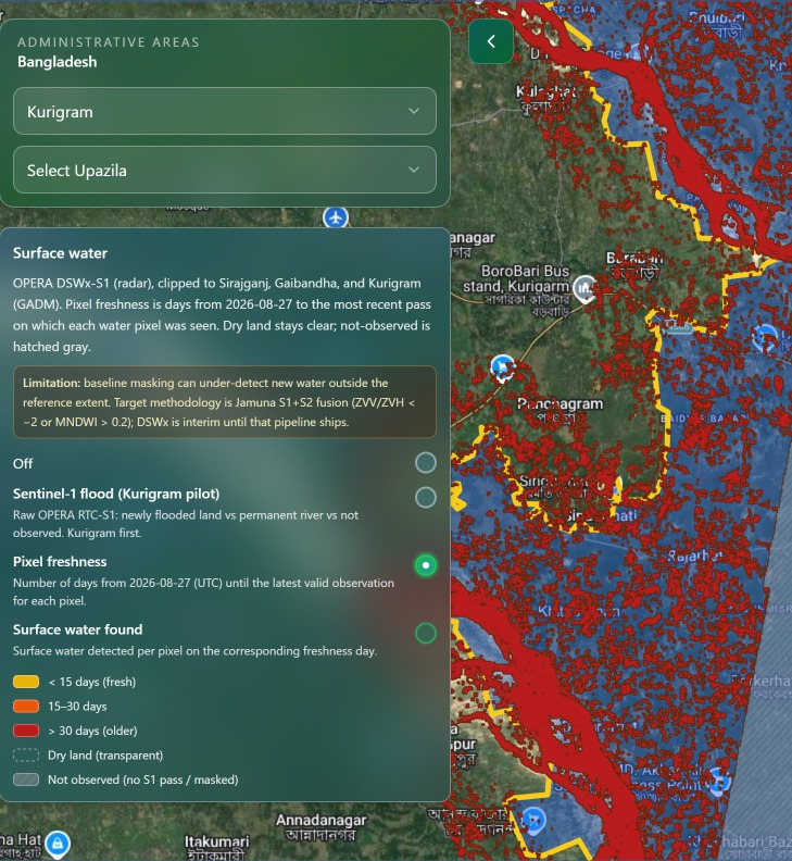 Bangladesh flood intelligence map with surface-water observations